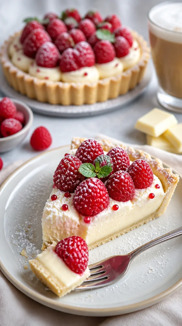 Reiche weiße Schokoladenmousse-Tarte auf einem eleganten Dessertteller