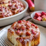 Leckere Rhabarber-Zimtschnecken frisch gebacken auf einem Holzbrett