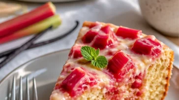 Rhabarberkuchen mit Vanillepudding, eine verführerische Dessertoption.