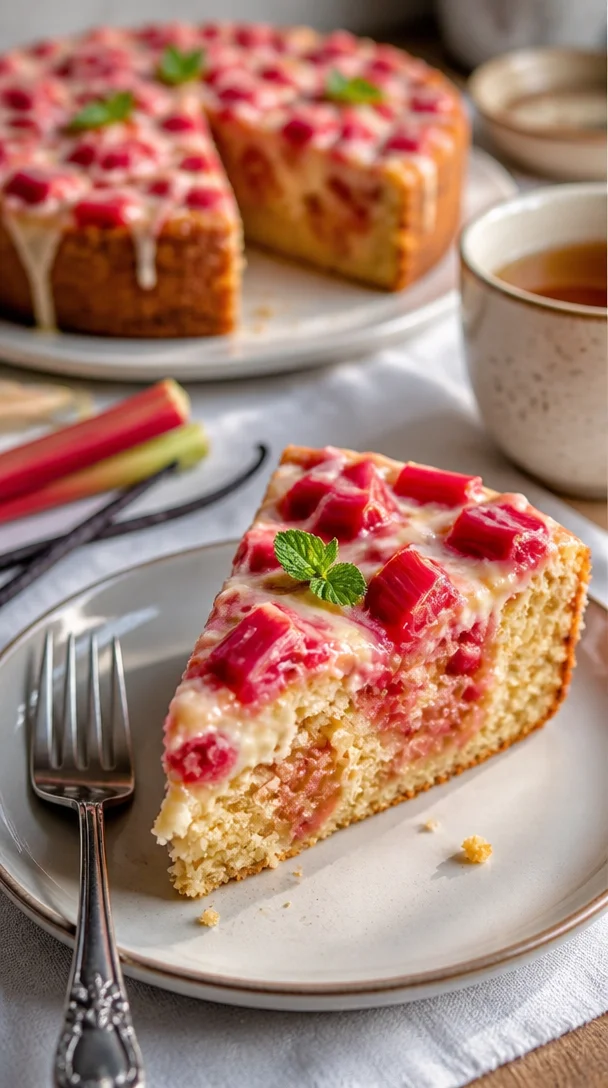 Rhabarberkuchen mit Vanillepudding, eine verführerische Dessertoption.
