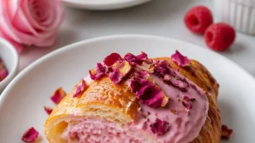 Rosenblatt-Croissant auf einem Teller, frisch gebacken und verführerisch