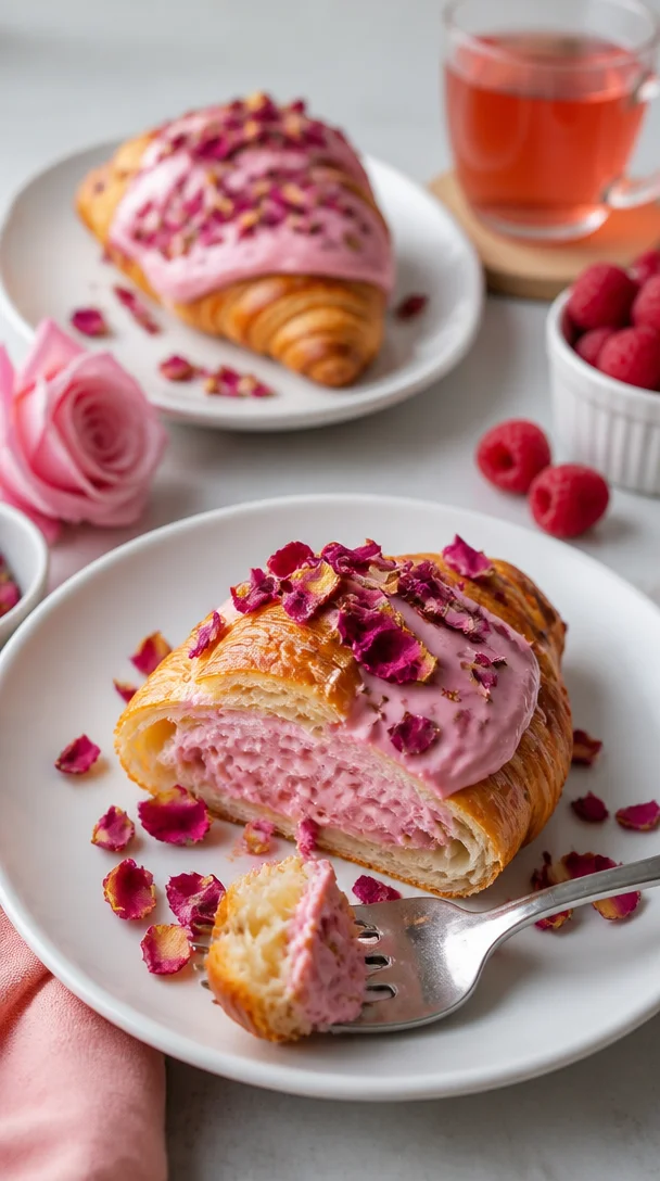 Rosenblatt-Croissant auf einem Teller, frisch gebacken und verführerisch