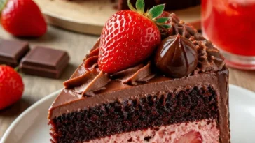 Saftige Erdbeer-Schoko-Torte mit frischen Erdbeeren und Schokoladenglasur