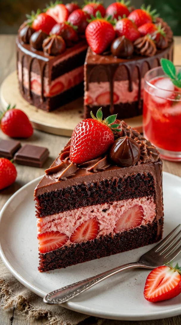 Saftige Erdbeer-Schoko-Torte mit frischen Erdbeeren und Schokoladenglasur