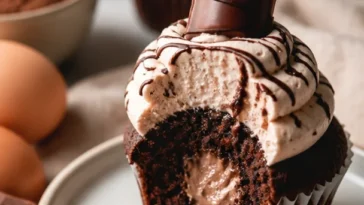 Saftige Kinder Bueno Cupcakes mit Schokoladenglasur und Kinder Bueno Stückchen