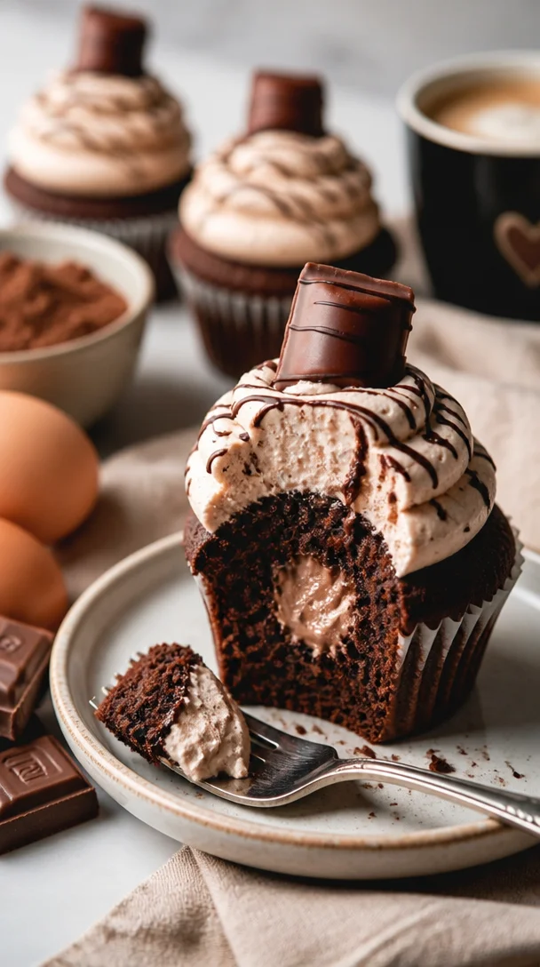 Saftige Kinder Bueno Cupcakes mit Schokoladenglasur und Kinder Bueno Stückchen
