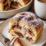 Saftiger Zimtkuchen mit köstlicher Zimtglasur auf einem Teller serviert.