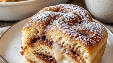Saftiger Zimtkuchen mit köstlicher Zimtglasur auf einem Teller serviert.