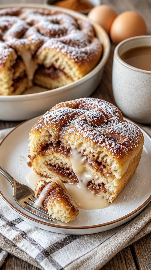 Saftiger Zimtkuchen mit köstlicher Zimtglasur auf einem Teller serviert.