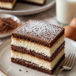 Schichtkuchen mit Biskuit und Milchcreme dekoriert auf einem Teller