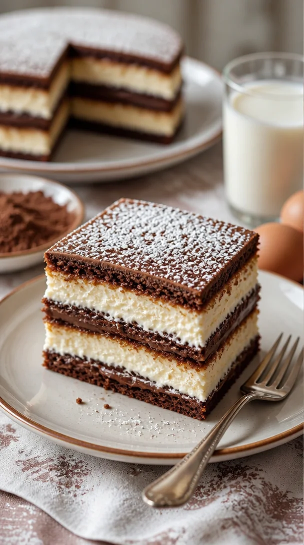 Schichtkuchen mit Biskuit und Milchcreme dekoriert auf einem Teller