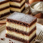 Schichtkuchen mit Biskuit und Milchcreme auf einem eleganten Teller angerichtet