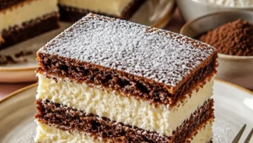Schichtkuchen mit Biskuit und Milchcreme auf einem eleganten Teller angerichtet