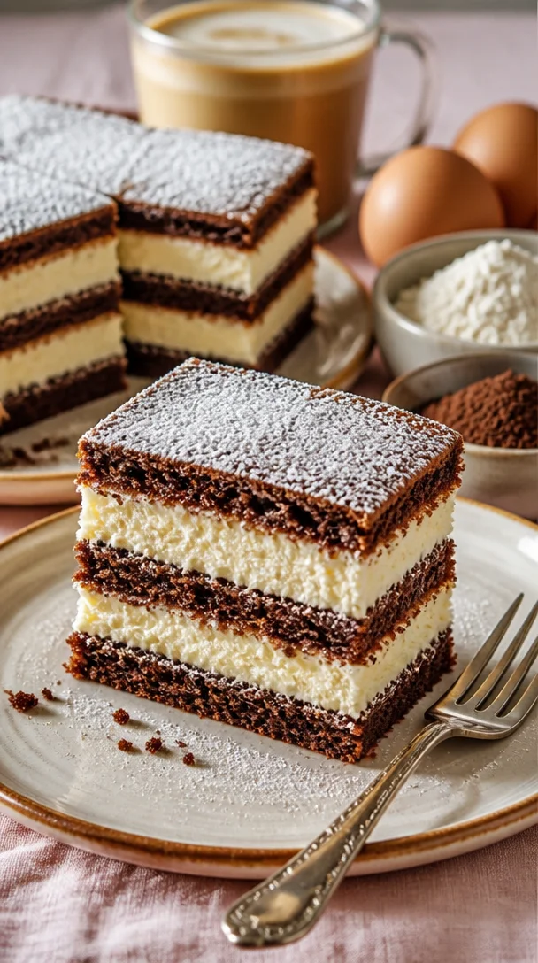 Schichtkuchen mit Biskuit und Milchcreme auf einem eleganten Teller angerichtet