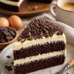Schichtkuchen mit Schokoladen- und Vanilleböden auf einem Teller
