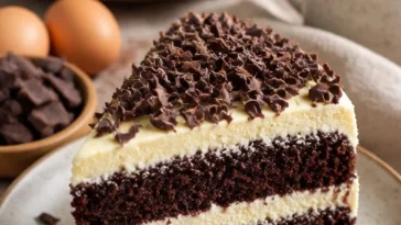 Schichtkuchen mit Schokoladen- und Vanilleböden auf einem Teller