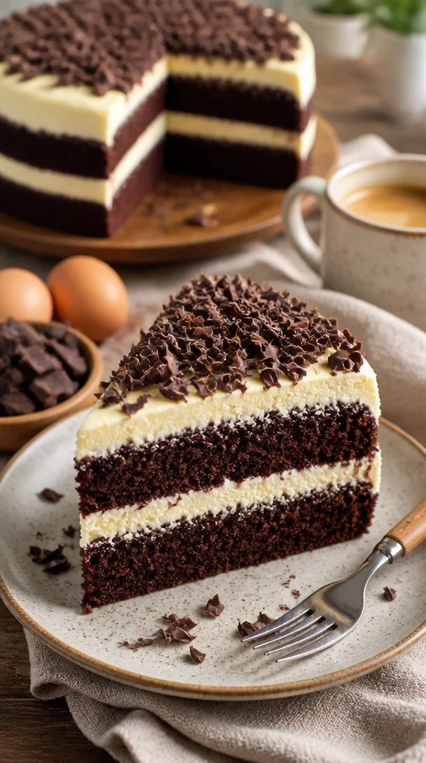 Schichtkuchen mit Schokoladen- und Vanilleböden auf einem Teller