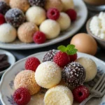 Schnelle Käsekuchen-Kugeln auf einem weißen Teller mit frischen Beeren