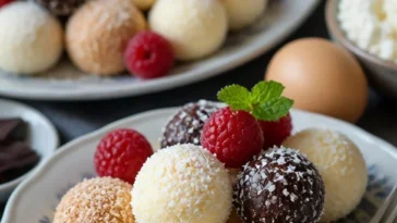 Schnelle Käsekuchen-Kugeln auf einem weißen Teller mit frischen Beeren