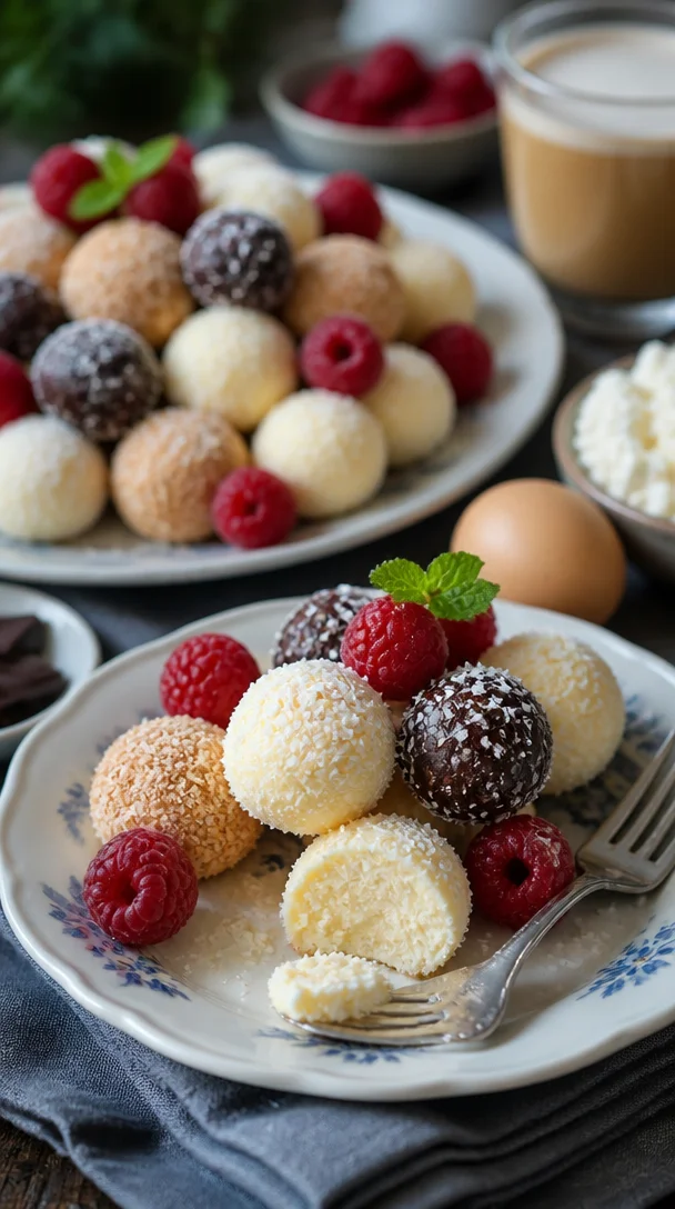 Schnelle Käsekuchen-Kugeln auf einem weißen Teller mit frischen Beeren