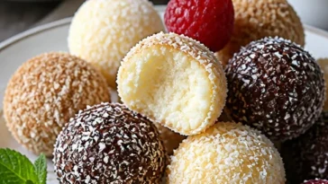 Schnelle Käsekuchen-Kugeln auf einem Teller, ideal für süße Snacks.