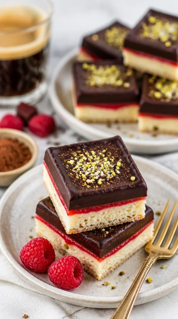 Schoko-Himbeer-Shortbread-Riegel auf einem Teller, dekoriert mit Himbeeren