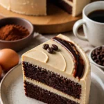 Schoko Kaffee Kuchen auf einem Teller, serviert mit einer Tasse Kaffee