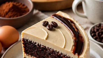 Schoko Kaffee Kuchen auf einem Teller, serviert mit einer Tasse Kaffee
