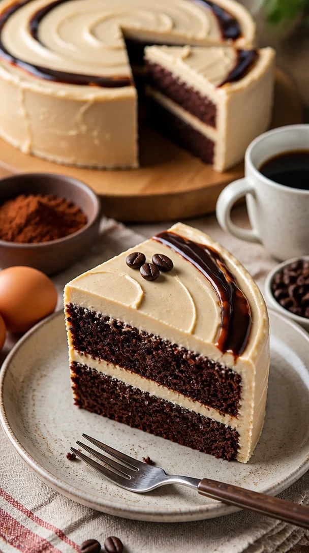 Schoko Kaffee Kuchen auf einem Teller, serviert mit einer Tasse Kaffee