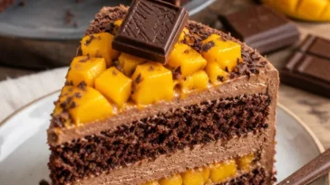 Schokoladentorte mit Mango und Sahne dekoriert