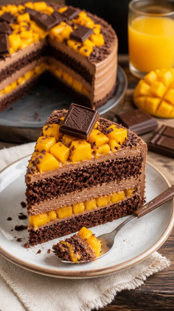 Schokoladentorte mit Mango und Sahne dekoriert