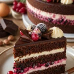 Schoko-Waldruchttorte mit Schokoladenglasur und Früchten
