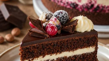 Schoko-Waldruchttorte mit Schokoladenglasur und Früchten