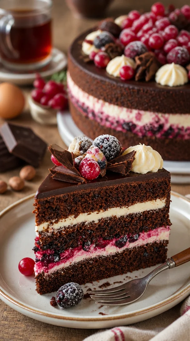Schoko-Waldruchttorte mit Schokoladenglasur und Früchten
