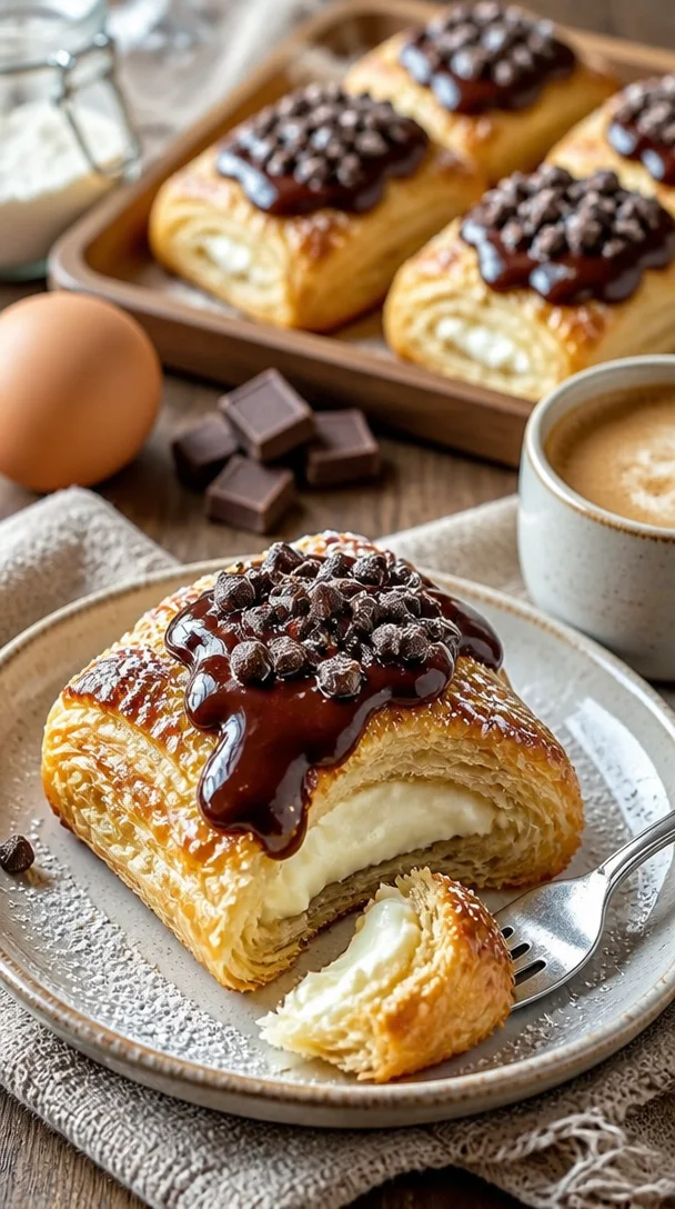 Schokoladen-Creme-Käse-Dänisch auf einem Teller, frisch gebacken und schokoladig!