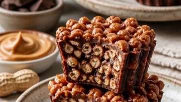 Schokoladen-Erdnussbutter-Reis-Krispie-Becher mit Schokolade und Erdnussbutter