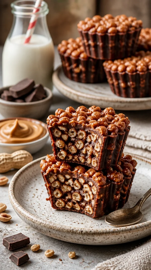 Schokoladen-Erdnussbutter-Reis-Krispie-Becher mit Schokolade und Erdnussbutter