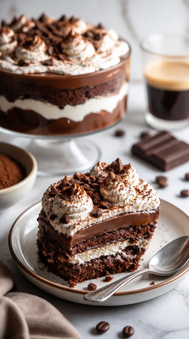 Schokoladen-Espresso-Schichtdessert in eleganter Glasschale