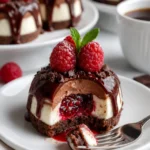 Schokoladen-Himbeer-Cheesecake-Dome mit Himbeersauce und Schokoladendekoration