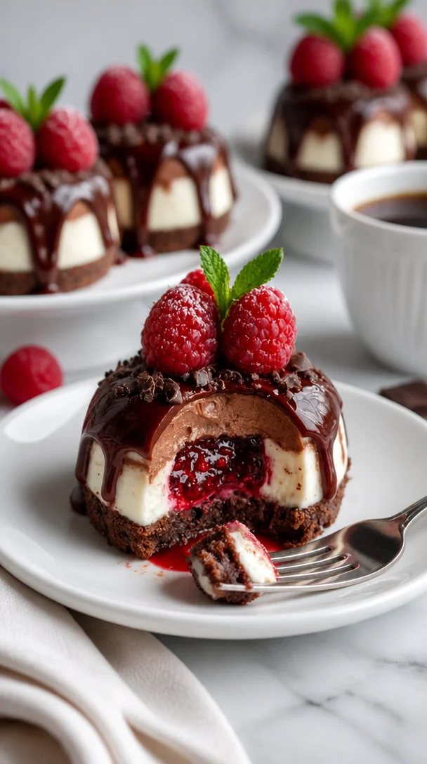 Schokoladen-Himbeer-Cheesecake-Dome mit Himbeersauce und Schokoladendekoration
