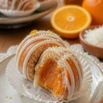 Schokoladen-Oreo-Orangenbälle auf einem Teller, dekoriert mit Orangenstücken