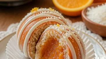 Schokoladen-Oreo-Orangenbälle auf einem Teller, dekoriert mit Orangenstücken