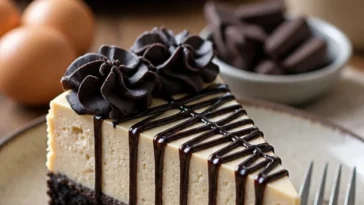 Saftiger Schokoladen-Trüffelkuchen mit Erdnussbutter auf einem Teller