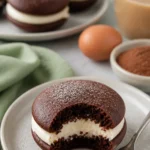 Schokoladen Whoopie Pies auf einem Teller mit frischer Schokoladenglasur