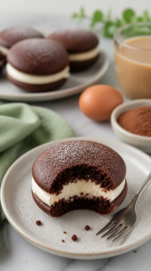 Schokoladen Whoopie Pies auf einem Teller mit frischer Schokoladenglasur