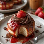 Schokoladendonut mit cremiger Erdbeerfüllung auf einem weißen Teller