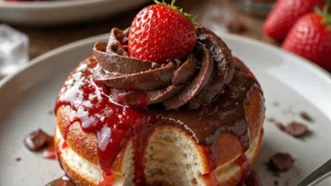 Schokoladendonut mit cremiger Erdbeerfüllung auf einem weißen Teller