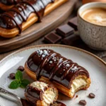 Schokoladeneclairs mit glänzender Schokoladenglasur und frischer Sahnefüllung.