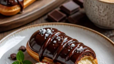 Schokoladeneclairs mit glänzender Schokoladenglasur und frischer Sahnefüllung.