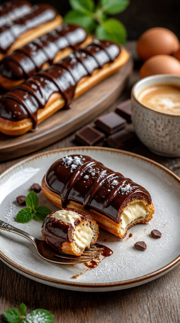 Schokoladeneclairs mit glänzender Schokoladenglasur und frischer Sahnefüllung.